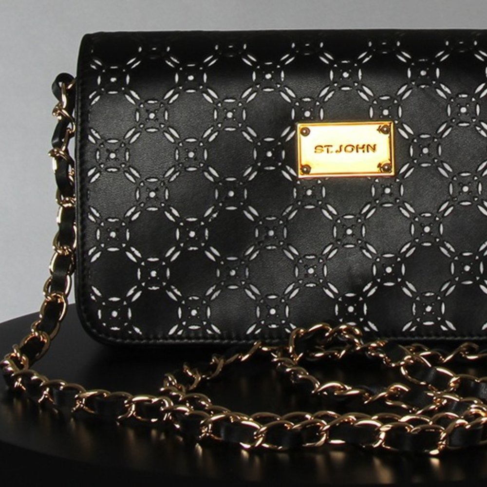St John Laser Cut Black Leather Cross Bag
